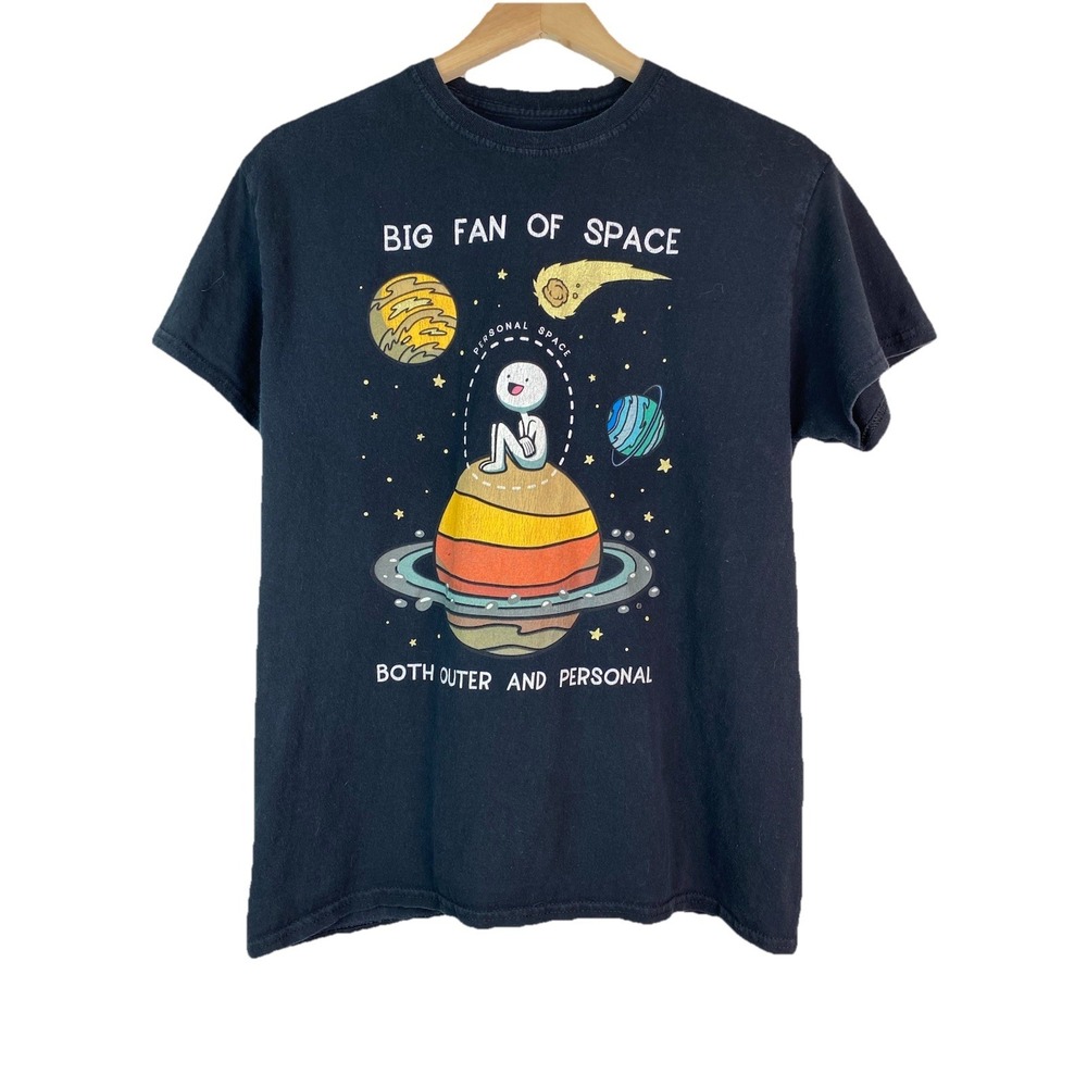 Goodie Two Sleeves Unisex M Black "Big Fan of Space Outer and Personal" T-Shirt